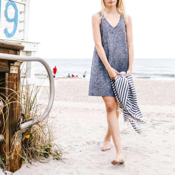 Made In The USA Linen Mini Shift Dress Boho Coastal Cowgirl Grandma Nautical - Picture 5 of 11